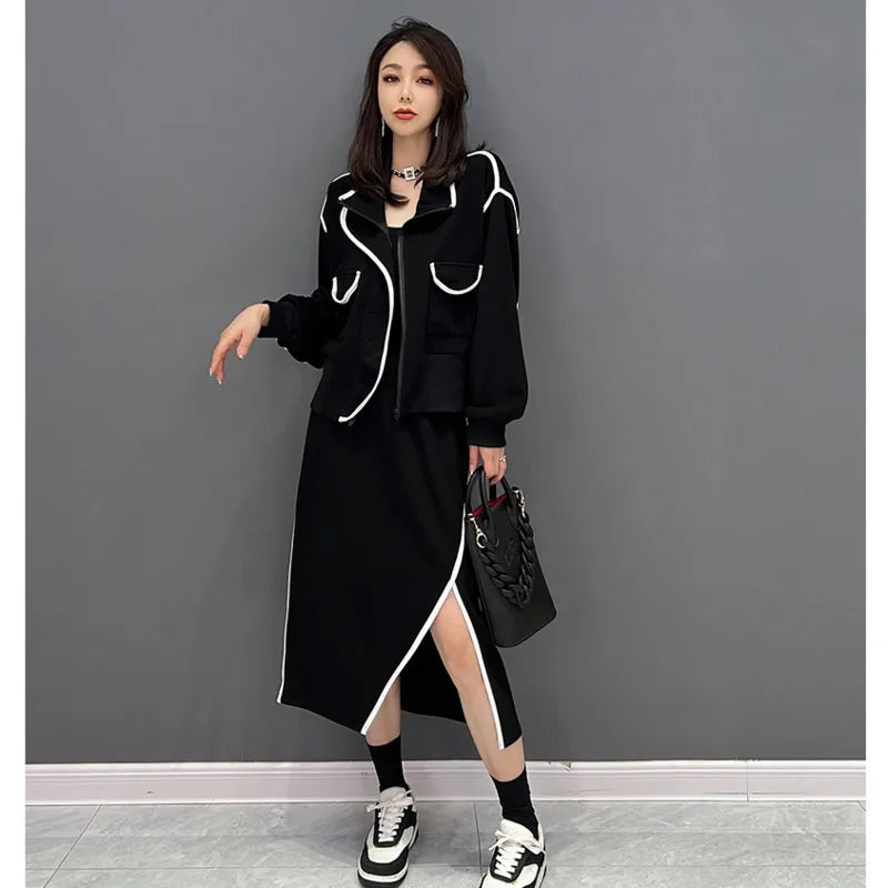 Vefadisa Stripe Splicing Zipper Cardigan Coat Suit Women + Elastic Waist Irregular Split Skirt Suit 2025 Spring Autumn LHX2103