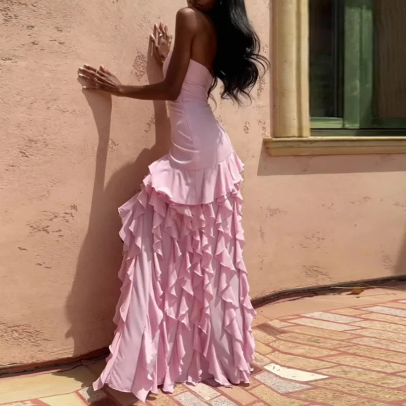 Maxy Show Style Ruffles High Split Evening Dress Sexy Tube Top Sleeveless Wrap Hip Dress Elegant Solid Color Off Shoulder Party Dress