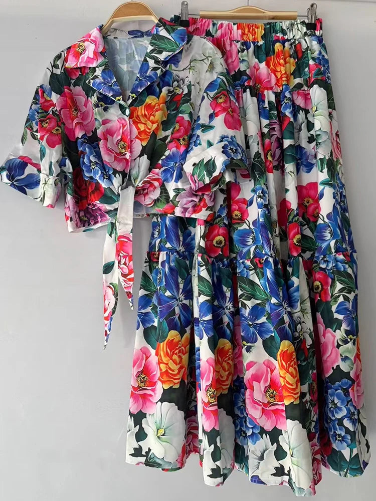 Maxy Retro summer new fashion print skirt lapel single-breasted short shirt+high waist A skirt elegant two-piece women's suit