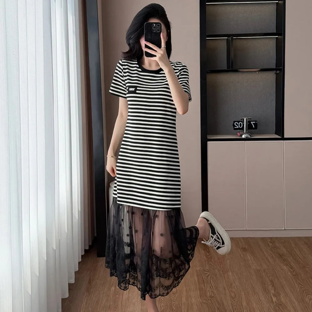 Maxy Elegant Vintage Elegant Spliced Striped Slim Dresses Evening High Street Plus Size Clothing women clothing
