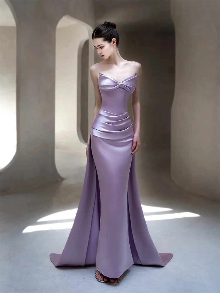 Elegant Purple Satin Evening Gown for Women New 2026 Strapless Wedding Dress Bridal Party Celebration Long Floor Length Dress