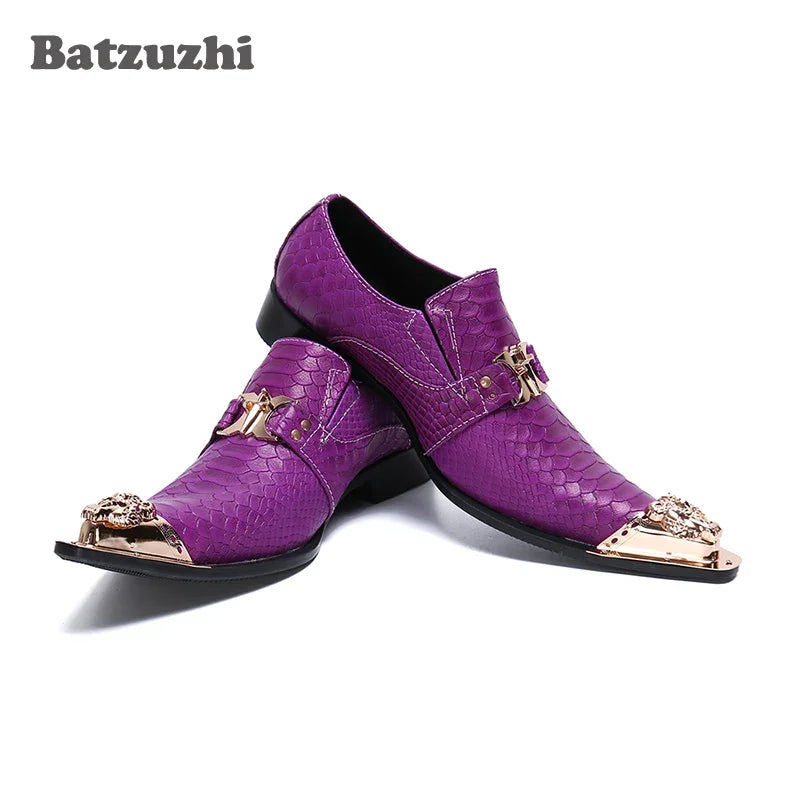 Visco Batzuzhi Italian Style Men Shoes Pointed Iron Toe Genuine Leather Dress Shoes Male Formal Party Flats Footwear Party and Wedding