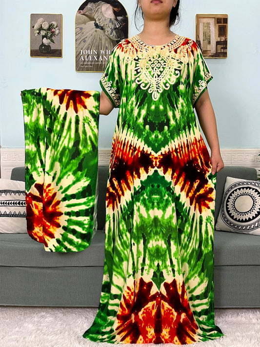 Maxy Muslim Cotton Abayas For Women Appliques Printed Caftan Marocaine Femme Robe Boubou African Islam Dresses With Headscarf