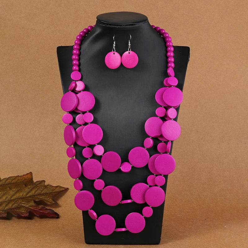Amay Wedding Party Dress Wooden Beads Necklace Earring Jewelry Sets For Women