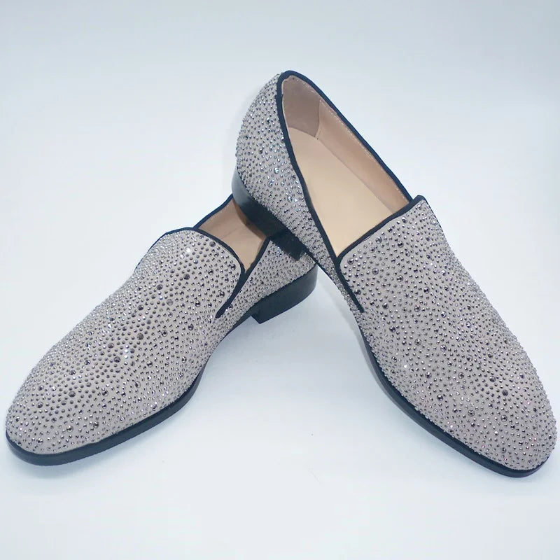 Visco Silver Rhinestone Loafers For Men Luxury Fashion Mens Leather Dress Shoes Handmade Slip On Casual Shoes