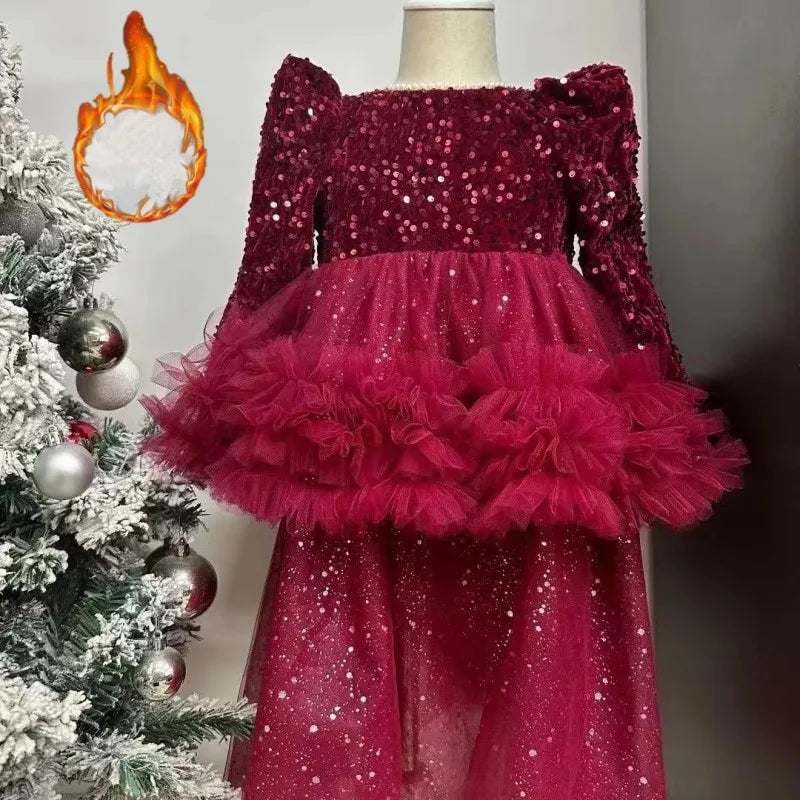Maxy Baby Girl Princess Christmas Sequins Tutu Dress Long Sleeve Infant Toddler Child Tulle Vestido Birthday Party Baby Clothes 1-12Y