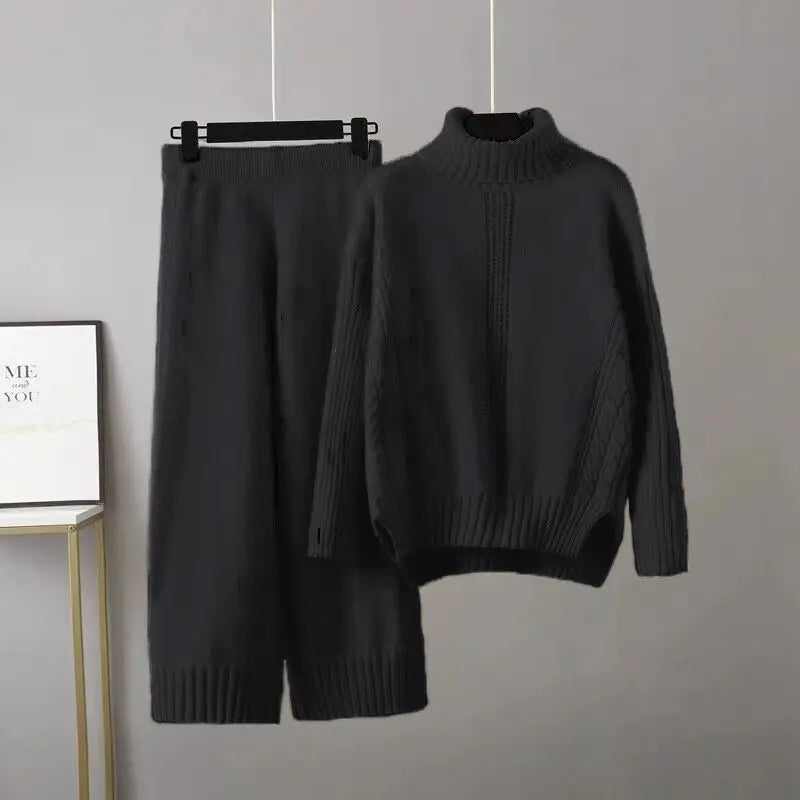 Maxy HLBCBG Cashmere Women Tracksuits Knitted Thick Women Turtleneck Sweater 2/Two Piece Sets Drawstring Harem Pants Suits Outfits