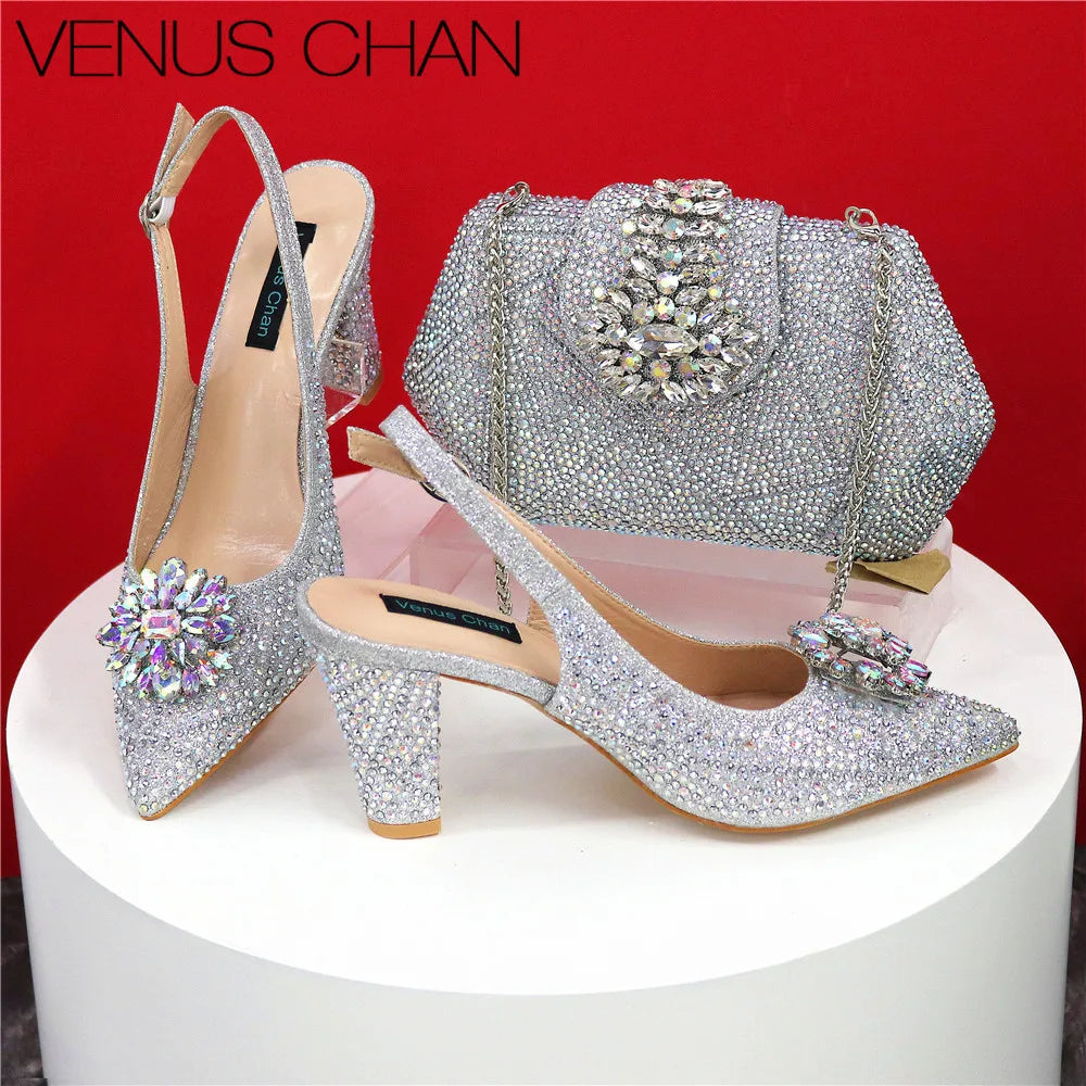 Maxy Shoes and Bags Matching Set Decorated with Rhinestone Full Diamonds Wedding Shoes Bride Designer Shoes Women Luxury