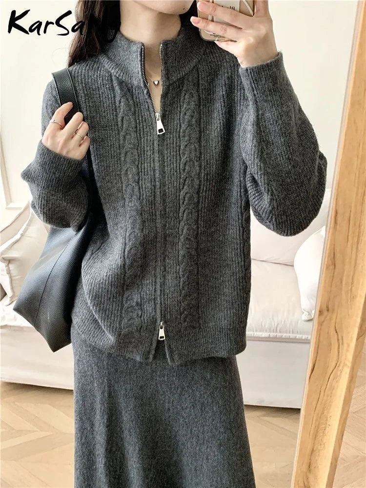 Maxy Sets For Women 2 Pieces Skirt Sweater Knitted Zipper Cardigan Stand Collar Solid Autumn Warm Winter Skirt Elegant Women's Sets