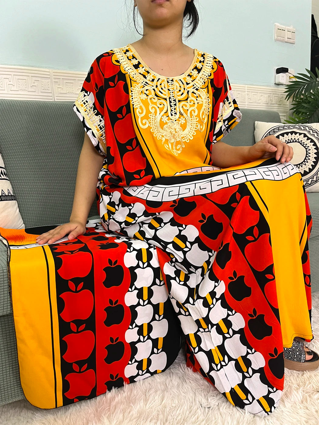 Maxy Muslim Cotton Abayas For Women Appliques Printed Caftan Marocaine Femme Robe Boubou African Islam Dresses With Headscarf