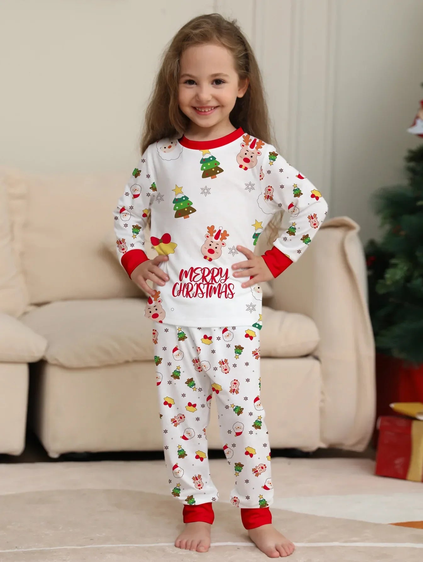 Maxy Christmas Pajamas Set Cartoon Allover Print Adults Kids Matching Outfits Baby&Dog Romper Cute Loose Pyjamas Family Look