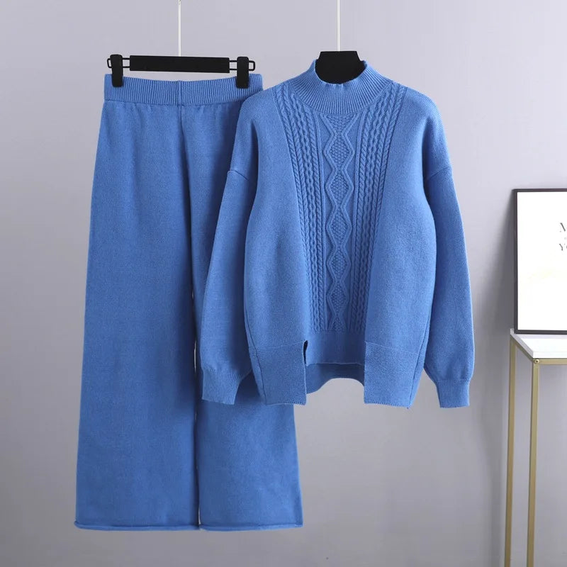 Maxy Winter Cashmere Women Tracksuits Thick Oversized Women Turtleneck Sweater 2 Pieces Sets Drawstring Harem Pant Suits Outfit