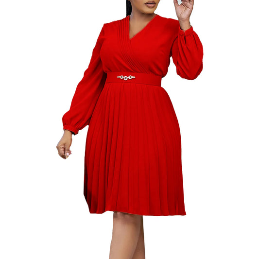 Women Elegant Pleated Dress V Neck Long Lantern Sleeve High Waist Modest Office Ladies Classy African Gown Female Church Outfits