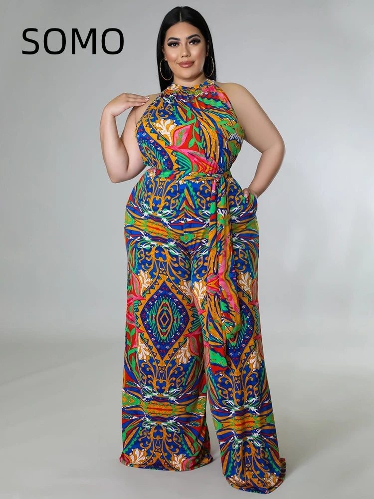 Amay Plus Size Women Jumpsuit Sleeveless Casual Hanging Neck Print with Belt Large Size Romper Wide Legs 2024 New Dropshipping