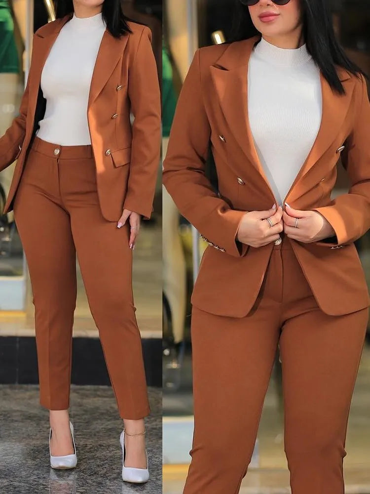 Maxy Elegant Office Lady Two Piece Sets New Autumn Winter Women Fashion Notched Neck Long Sleeve Blazer & High Waist Work Pants Suit