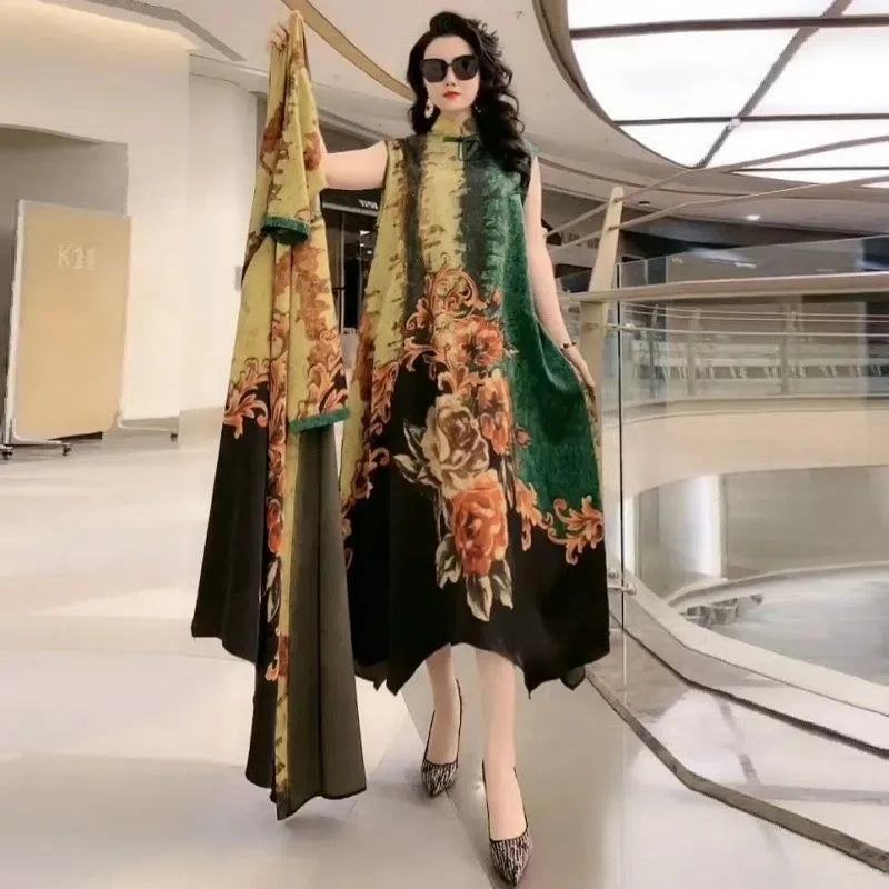 Maxy Middle Aged Mother Dress Suit Summer Casual Fashion Printing Two Piece Suits Long Dress Suits Women Temperament Dress Sets 729
