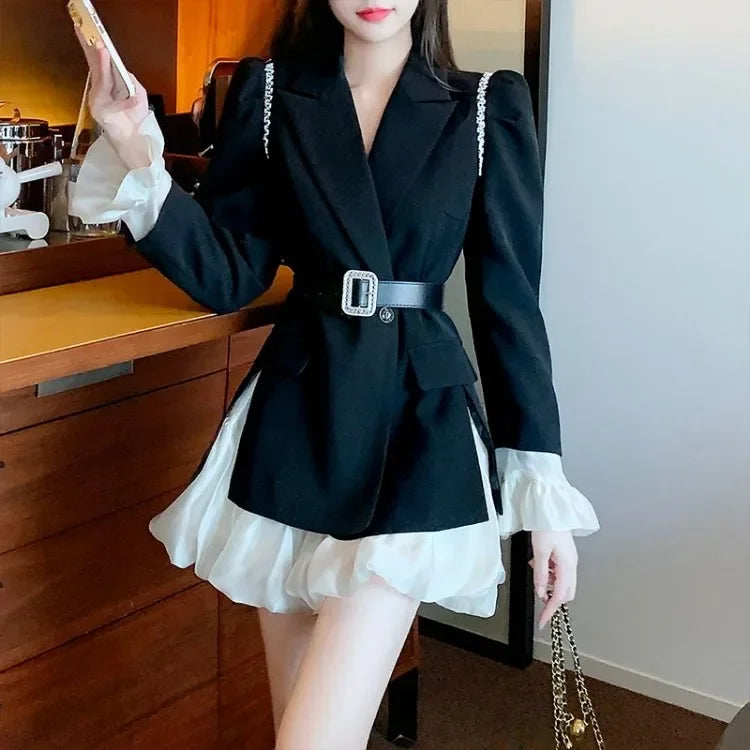 Maxy Elegant Vintage Diamond Slim Fit Long Sleeve Black Coat Women+ High Waist Patchwork Skirts Early Autum New Two Piece Sets
