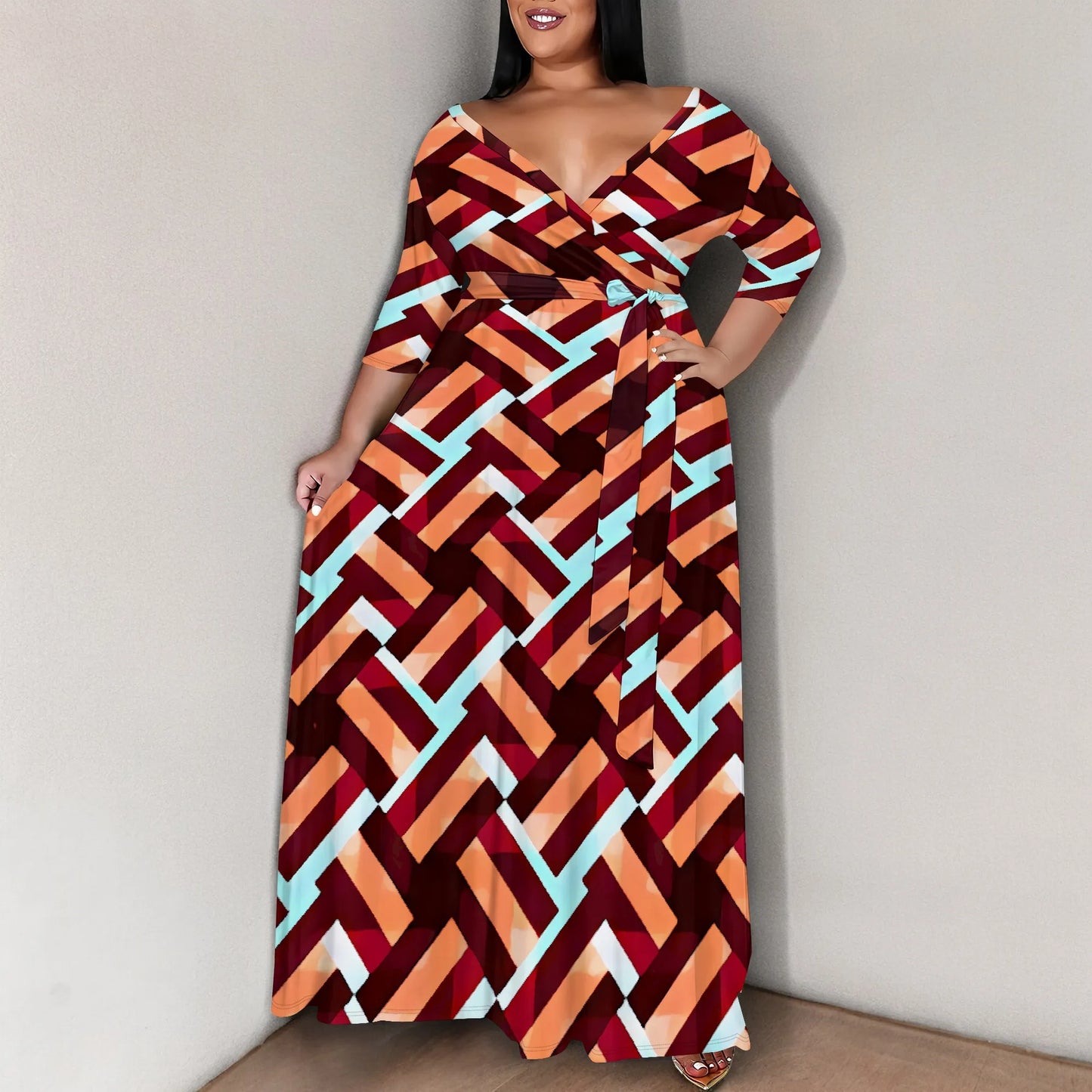 Amay Plus Size Boho Wrap Maxy Dress Orange Blue Geometric Print V Neck Half Sleeve Casual Look