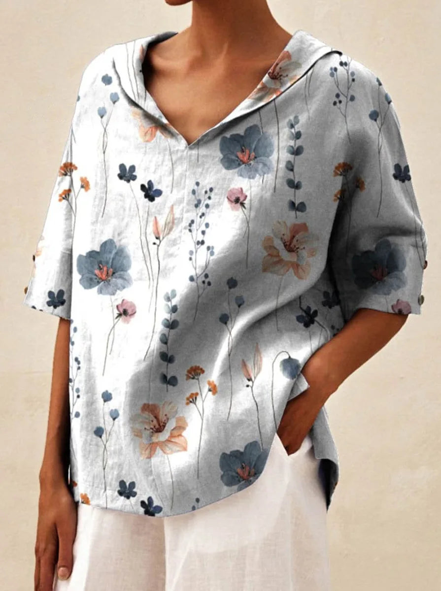 Maxy Women's Loose V-Neck Cotton Linen Shirt, Casual Elegant Summer Blouse Office Wear