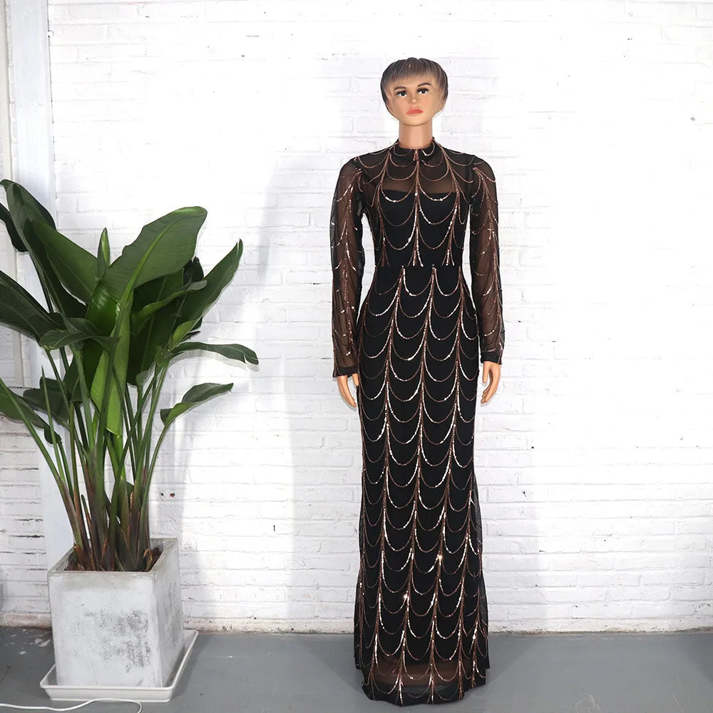 Maxy Sequins Party Dress Bandage Bodycon Maxy Robe Stand Collar Lone Sleeve Zipper Perspective Fishtail Long Dress African Clothes