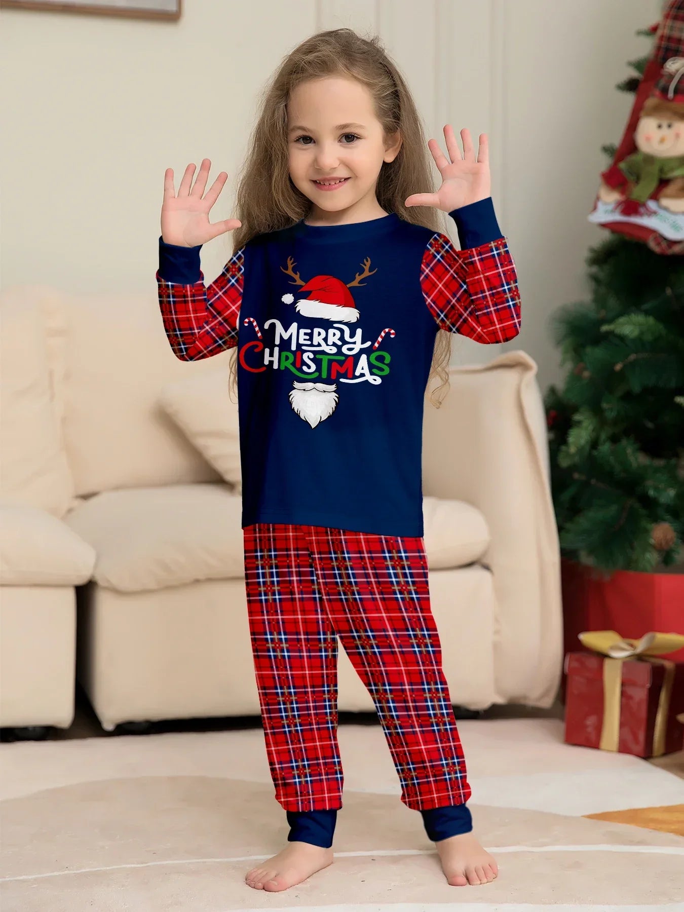 Winter 2024 Plaid Print Parent-child Matching Outfits Cute Loose Family Christmas Pajamas Set Baby Dog Romper Xmas Look Pyjamas