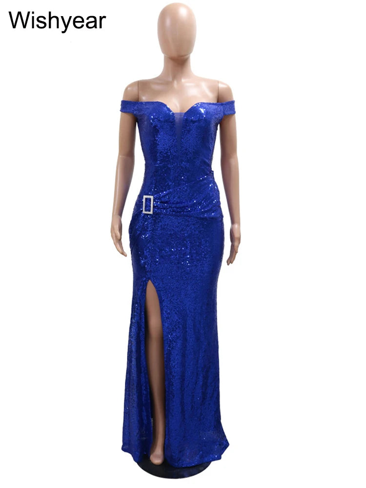 New Elegant Off The Shoulder Slash Neck Slit Evening Party Dress Women Luxury Sequin Patchwork  Birthday Prom Night Wedding Robe