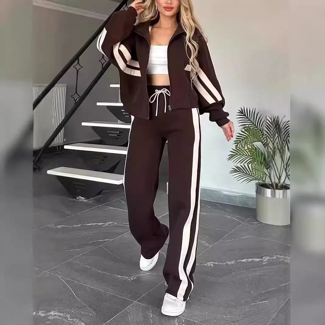 Maxy Y2K Striped Zipper Coat+sweatpants Two Piece Set Women Casual Batwing Sleeve Sports Jacket Outfits Autumn Winter Sweatshirt Suit