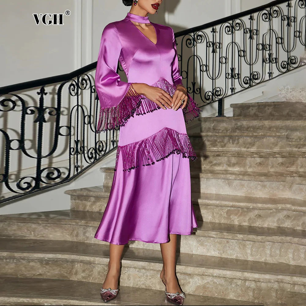 Amay Solid Spliced Tassel Elegant Dresses For Women Stand Collar Long Sleeve High Waist Hollow Out Temperament Dress Female New