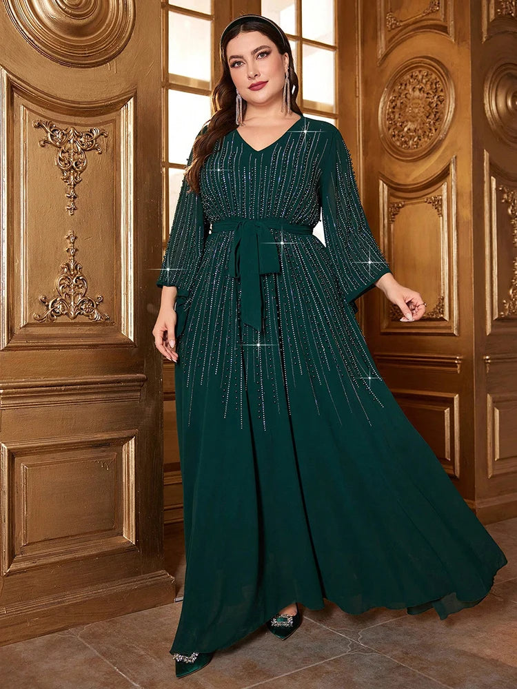 Maxy Women Bead Bell Sleeve Belted Dress, Long Dresses, Luxury, Elegant, Formal, Arabian Party, Evening, Plus Size, 2024