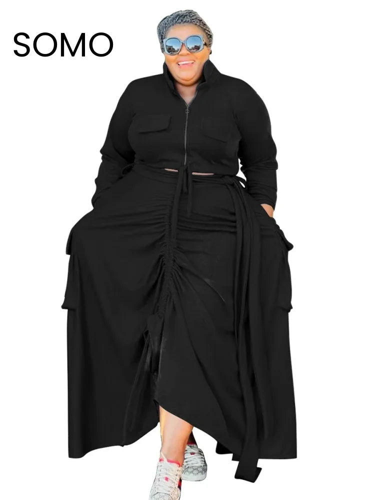 Maxy Plus Size Women 2 Piece Set Solid Color Splice Drawstring Casual Long Sleeve Coat Lapel Zipper Dress Suit
