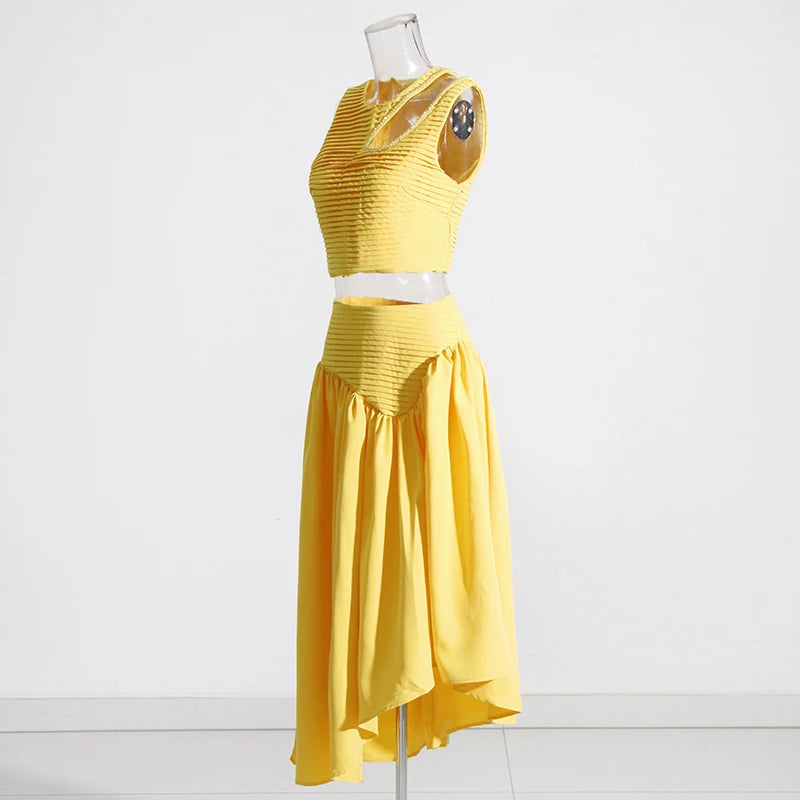 Maxy Asymmetrical Skirt Two Piece for Women O Neck Sleeveless Hollow Out Crop Tops High Waist Pleated Skirt Solid Set Female