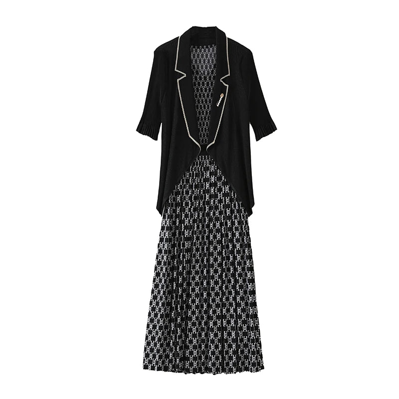 Maxy Pleated Dress Autumn New Style Plaid Suit Collar Pleated Skirt Waist Slimming Magic Skirt Set Maxy Dress for Women