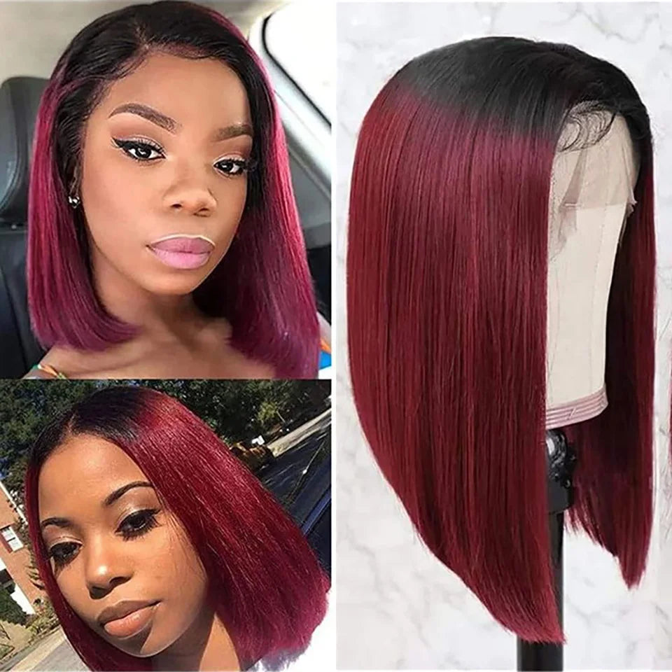 Maxy Ombre Burgundy Human Hair 13x4 HD Lace Frontal Wigs Glueless Short Straight Bob Wigs T1B/99J For Black Women Pre Plucked 12 Inch