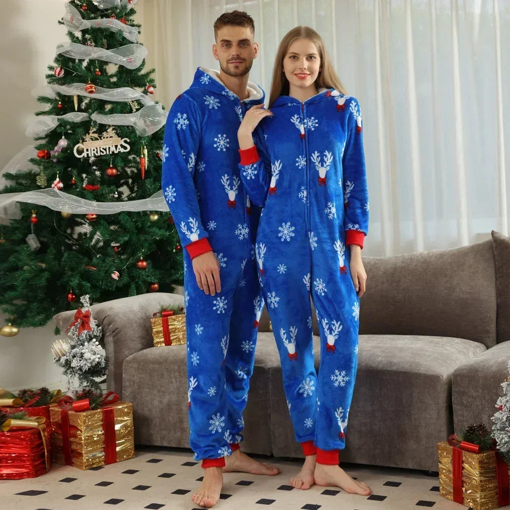 New Year's Clothes Flannel Warm Thicken One-Piece Suit Christmas Pajamas Set Zipper Hooded Jumpsuit Romper Xmas Family Look Pjs