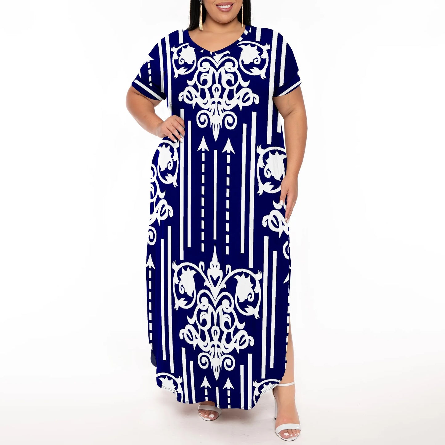 Maxy Plus Size V-Neck Short Sleeve Dress Navy White Stripe Scroll Print Elegant Summer Wear