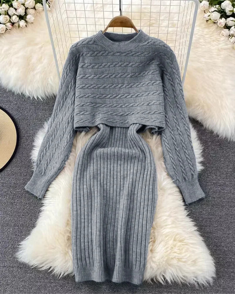 Amay Women Sweater Dress Knit Long Sleeve & Casual Sleeveless Two-Piece Sets Dress Sets Matching Sets Party Pullovers Autumn Winter