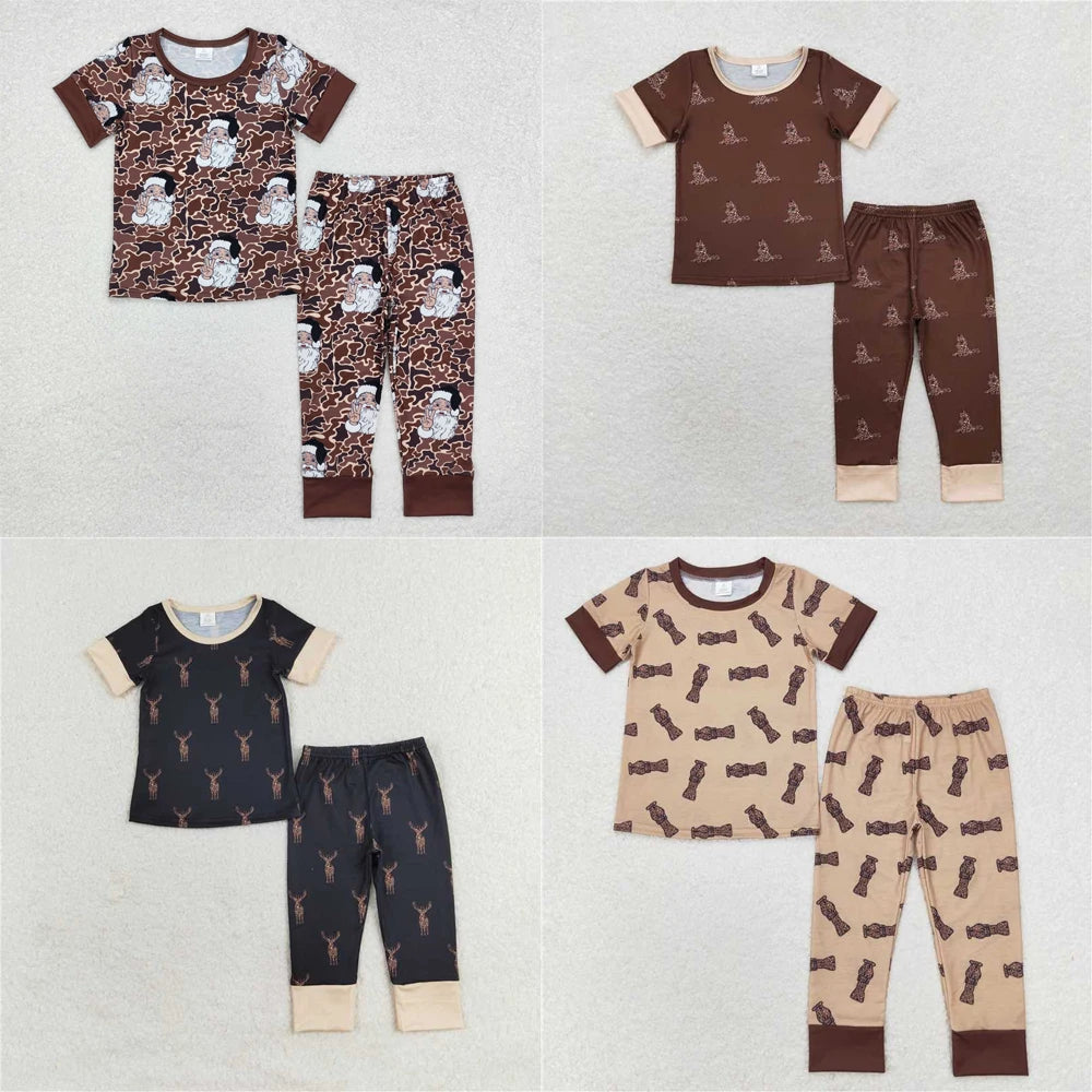 Wholesale western boutique children clothing Baby Boys Christmas Camo Santa Top Pants Pajamas Clothes Set