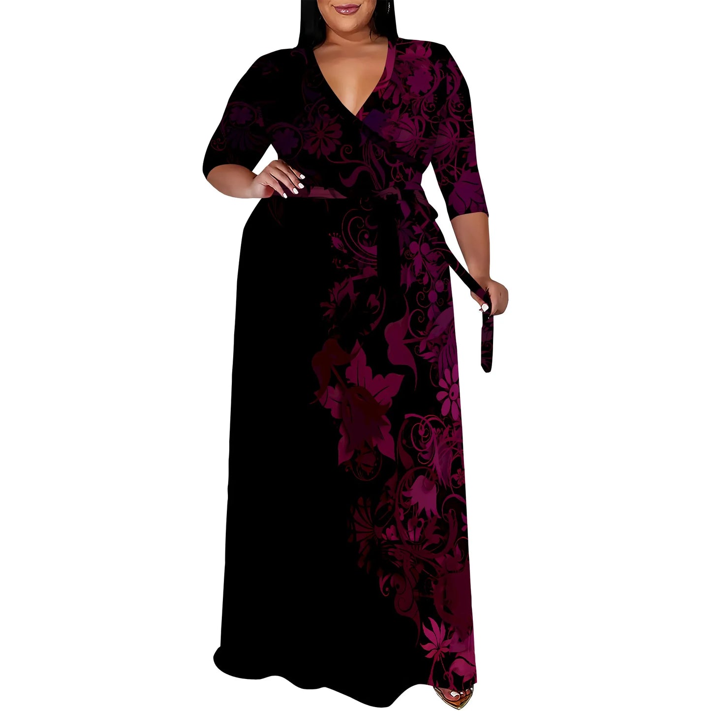Maxy Plus Size for Women Summer Casual Floral Printing V Neck 3/4 Sleeve Maxy Floor Dress Lace Up Beach Sundress