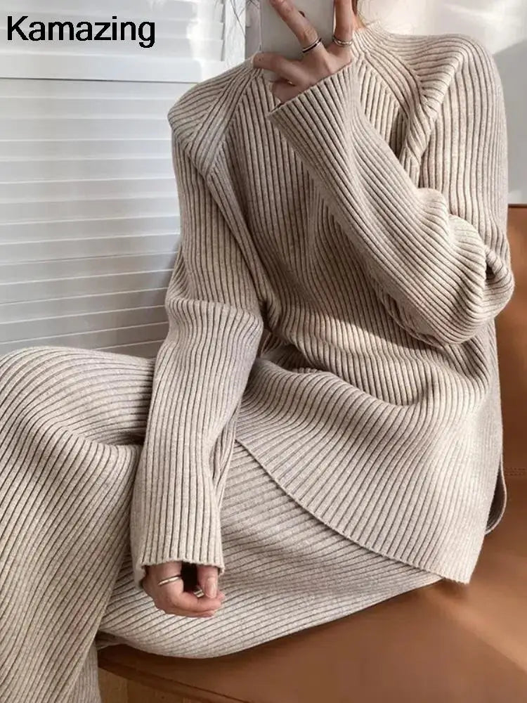 Amay Women's Knitted Two Piece Set Thick Sweater Tracksuits Autumn Winter Casual Pullover Wide Leg Pants Suit Harajuku Female Clothes