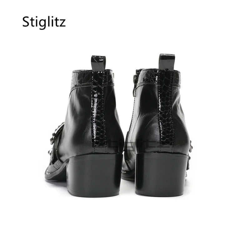Visco Rhinestone Buckle High Heels Men's Boots Black Genuine Leather Metal Pointed Toe Side Zipper Business Ankle Boots Male Shoes