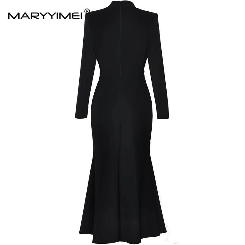 Amay Autumn and Winter Women's Dress Stand collar Long-Sleeved High waist Hollow Out Pretty Slim-Fit Hip Wrap Mermaid Dress