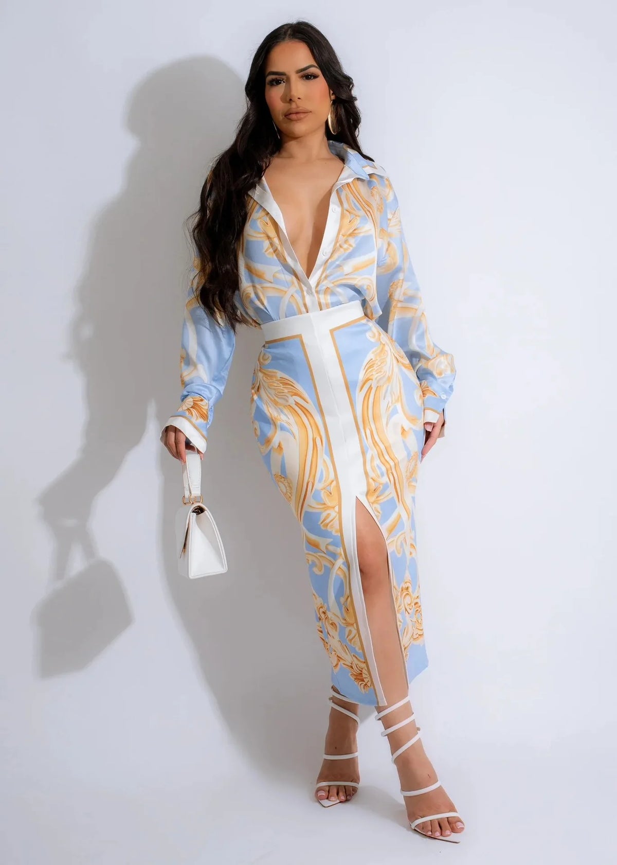 Maxy Elegant Ladies New Midi Skirt Set Women Dress Fashion Print Long Sleeve Shirt Blouses Skirt Holiday Commuting Two Piece Suit