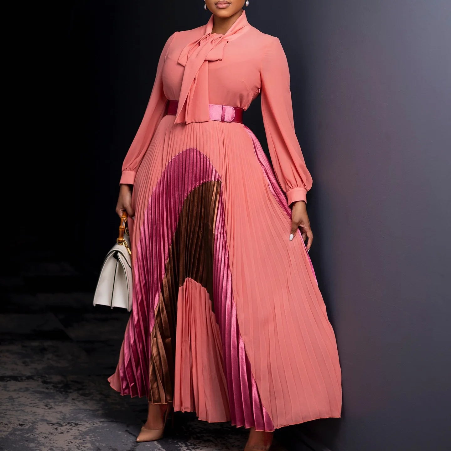 Amay Clothes for Women Elegant Pleated Bow Collar Maxy Dress and Belt Africa Clothing Robe Femme Spring