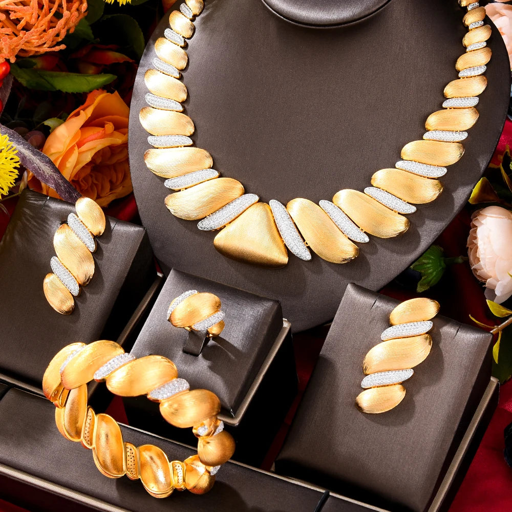 Amay New Trendy Triangle 4Pcs African Jewelry Set for Women Wedding Luxury Indian Dubai Cubic Zirconia Bridal Necklace Earring