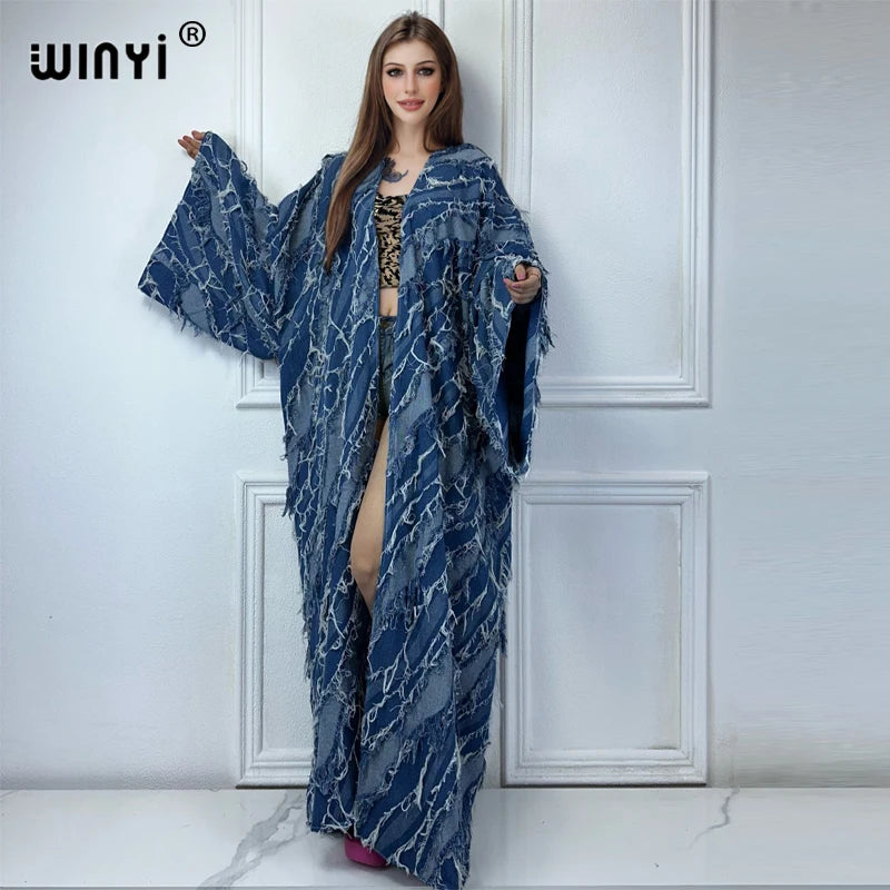 Maxy Kimono Washed jacquard denim with spliced raw edge Cardigan maxy Dress elegant Party Swimming beach Cover Up dress abaya