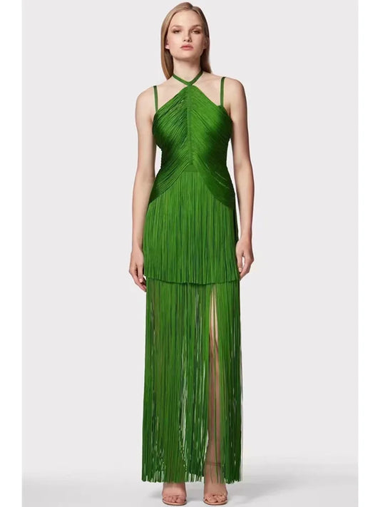 Babs Summer New Green Halter Spaghetti Strap Fringed Bandage Dress High Street Celebrity Evening Party Gowns Guest Looking