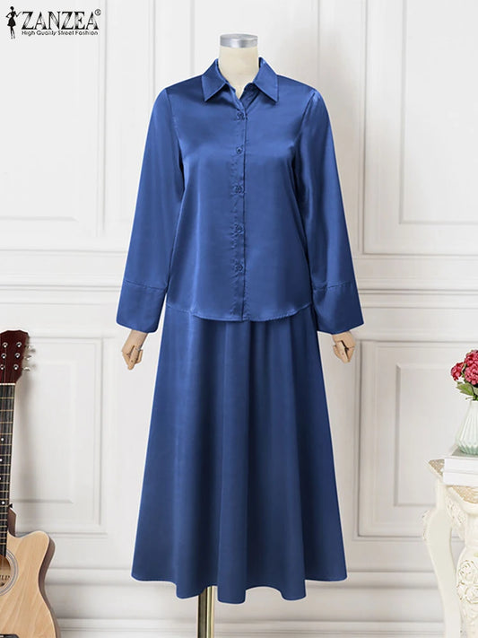 Maxy ZANZEA Vintage Satin Silk Dress Suit Fashion Solid Shirt Outfits Swing Skirt Sets Casual Loose Buttons Holiday Office 2pcs Sets
