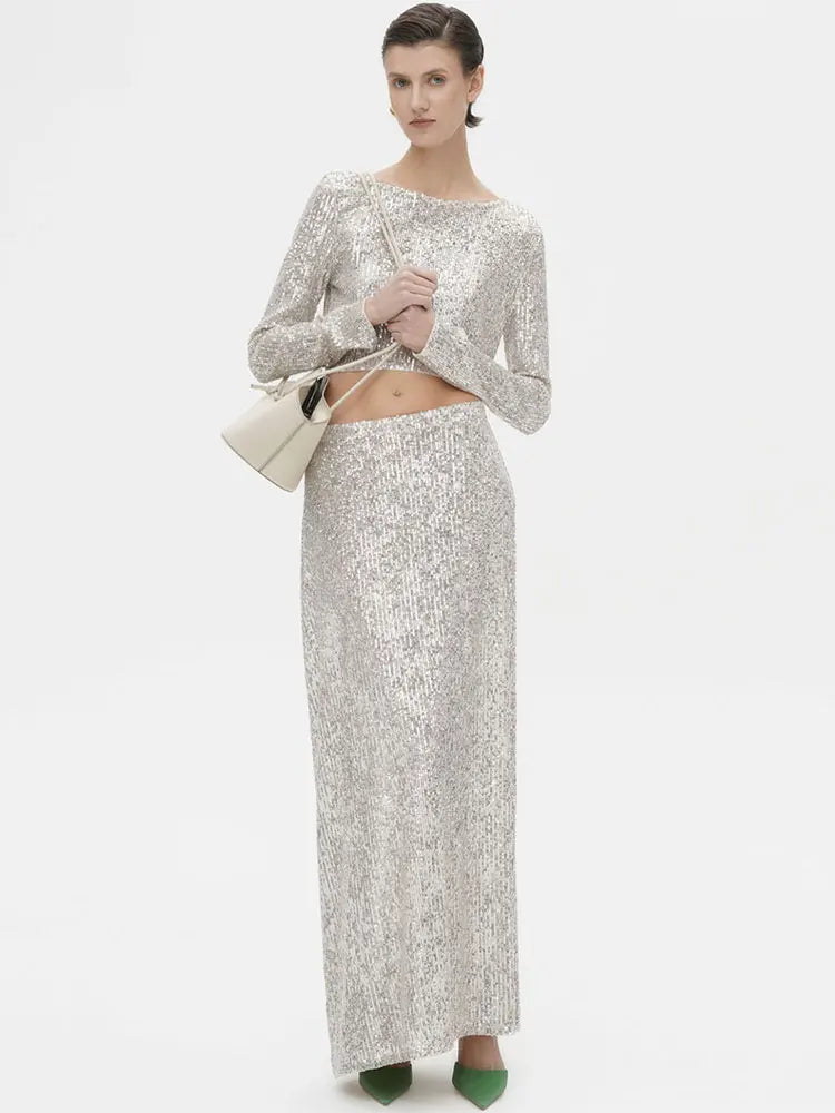 Maxy Autumn Sequin Dress Suit Sexy Club Party Women Crop Top+Long Skirt Elegant Two Piece Matching Set