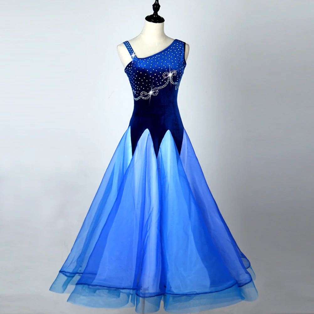 Maxy Waltz Ballroom Competition Dress Practice Wear Dance Performance Stage Costume Evening Party Gowns Rhinestones Big Swing