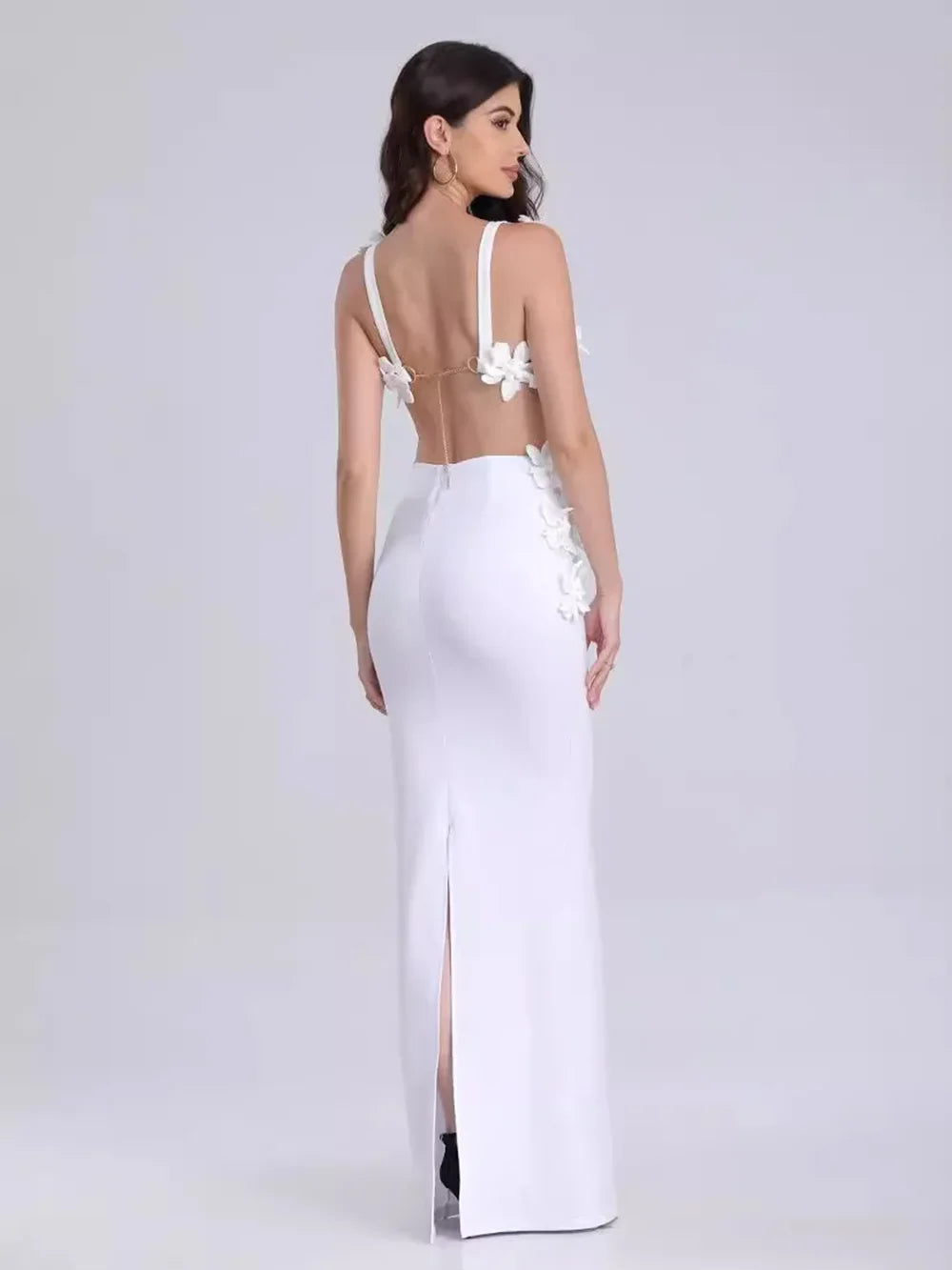 Amay New Arrival White 3D Flowers Appliques Crop Top & Long Skirt Two-Piece Set Fashion Evening Party Gowns Vestidos